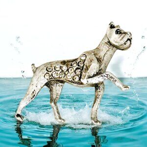 Vintage Silver Tone Boxer Dog Brooch With Rhinestone Accents